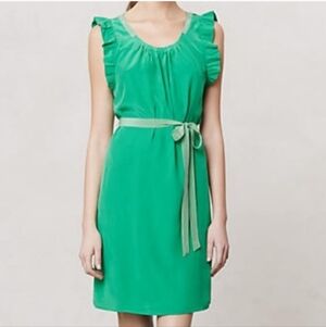 Anthropologie Girls From Savoy Green Silk Ruffle Dress Size XS